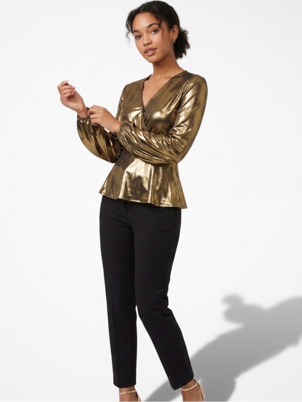NWT Michael Kors Gold Metallic Wrap Peplum Blouse Top Antique Brass XS $98